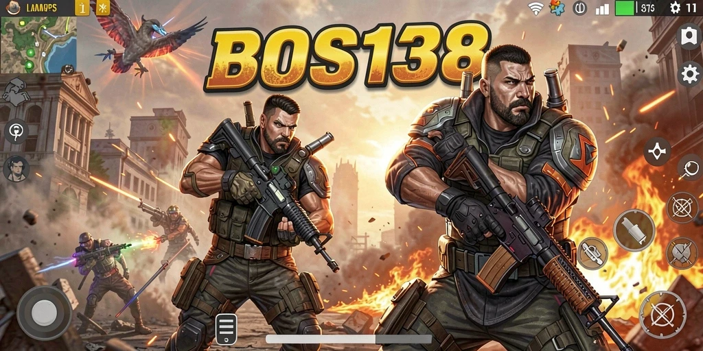 Screenshot gameplay BOS138 menampilkan aksi perang dramatis dan karakter yang realistis.