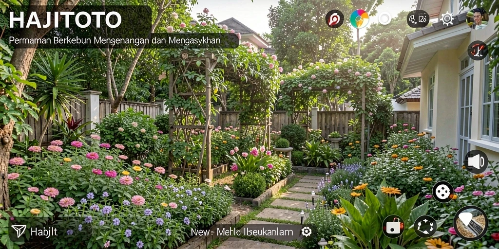 Screenshot gameplay HAJITOTO menunjukkan kebun yang subur dan penuh aktivitas berkebun.