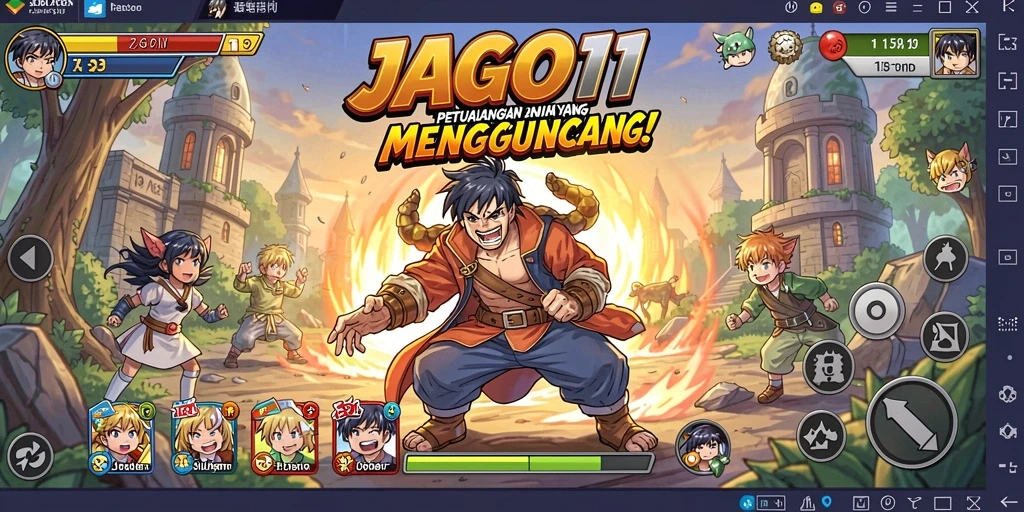 Screenshot utama JAGO11 dengan aksi gameplay seru dalam gaya Anime.