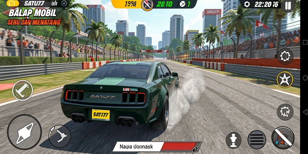 Tampilan gameplay balapan seru di SATU77 dengan mobil cepat dan trek menantang.